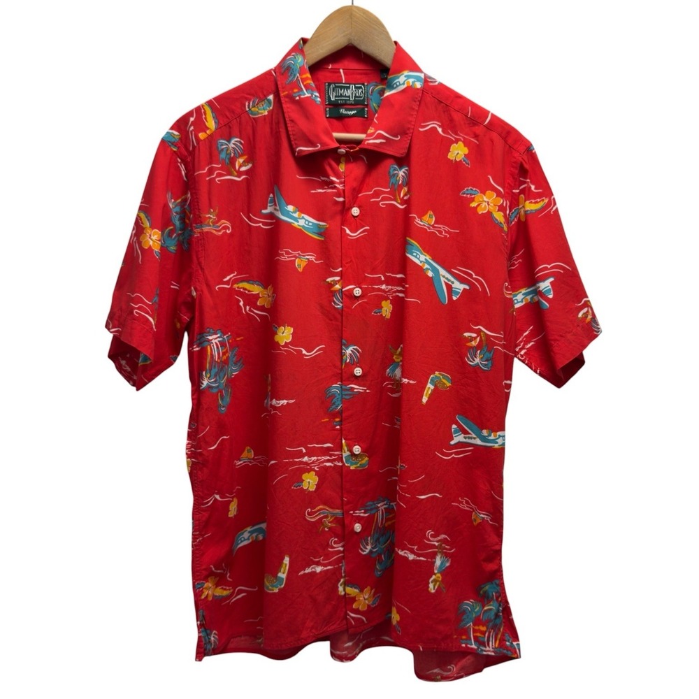 Gitman Bros Vintage Mens Large Red Floral Hawaiian Sailboat Airplane Rayon Shirt - Picture 2 of 5
